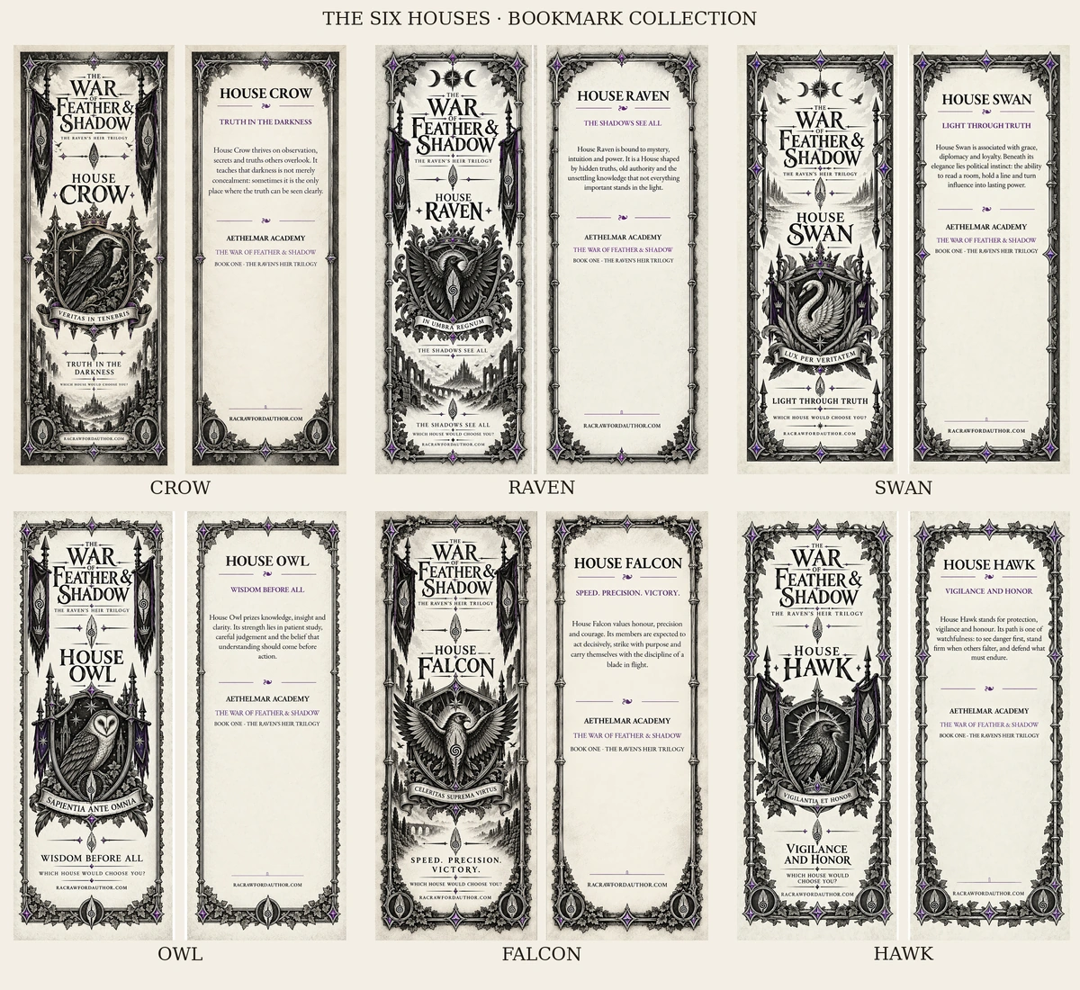 The six Raven's Heir House bookmarks: Crow, Raven, Swan, Owl, Falcon and Hawk